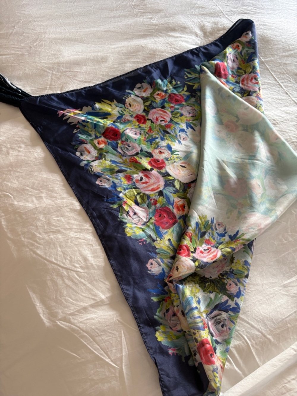 Johnny Was Floral Border Satin Scarf in Navy and Pastel